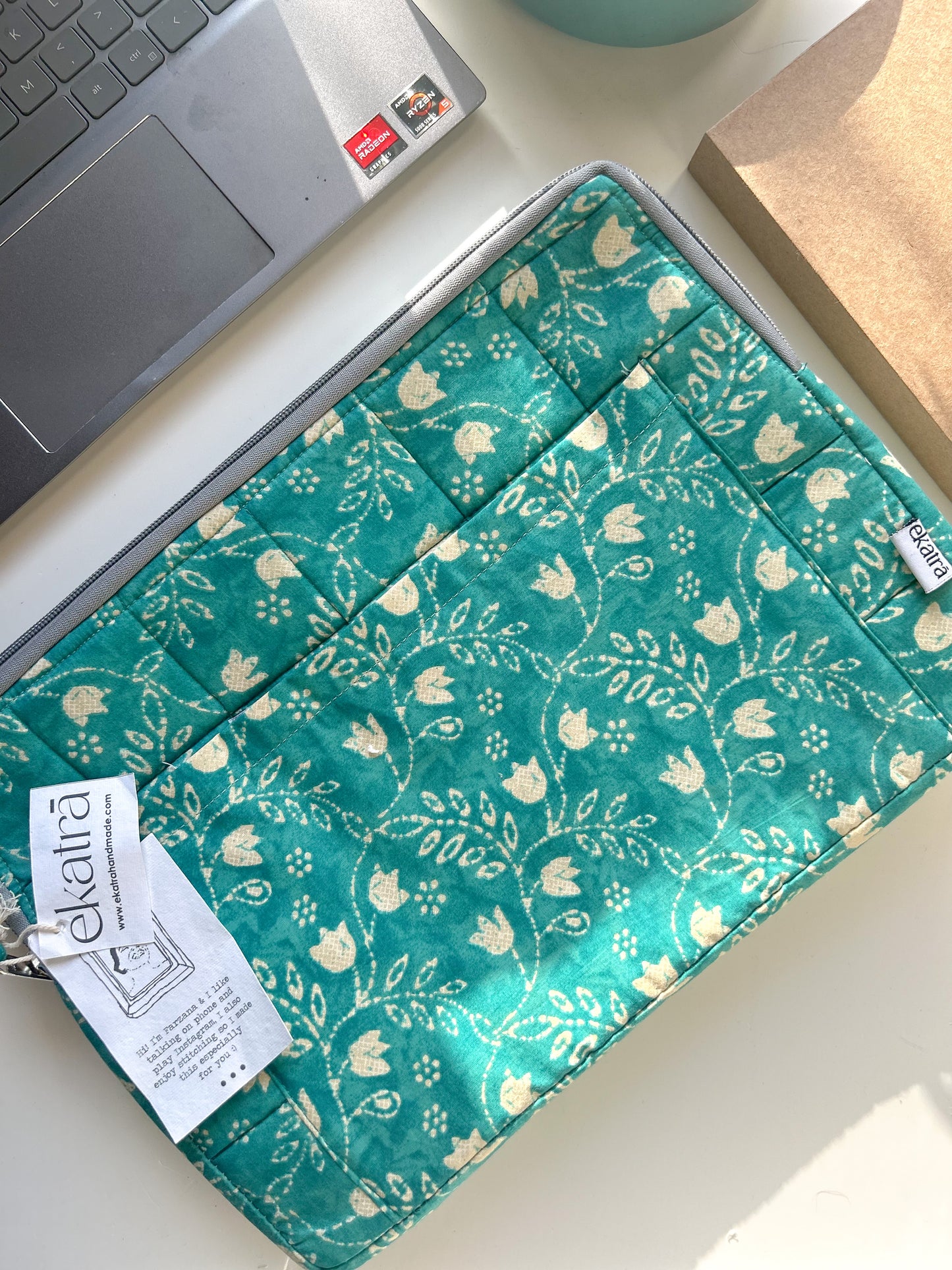 Sustainable Handmade Cotton Laptop Sleeve/Laptop Cover by Ekatra - Teal Floral