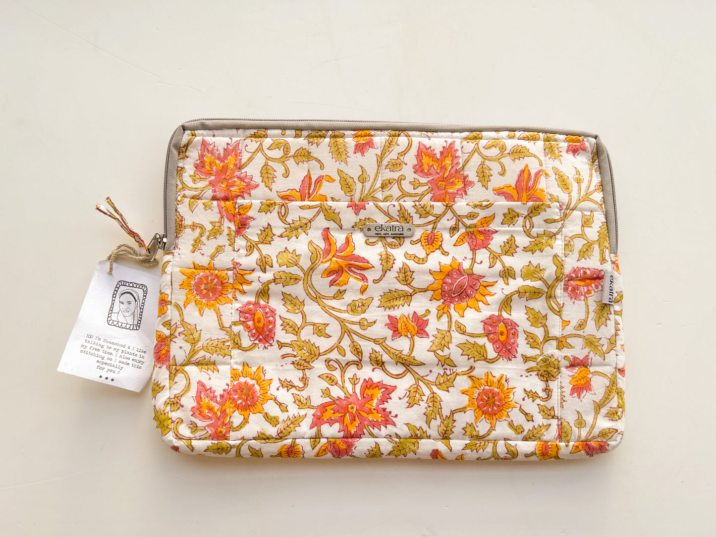 Sustainable Handmade Cotton Laptop Sleeve/Laptop Cover by Ekatra - Pink floral