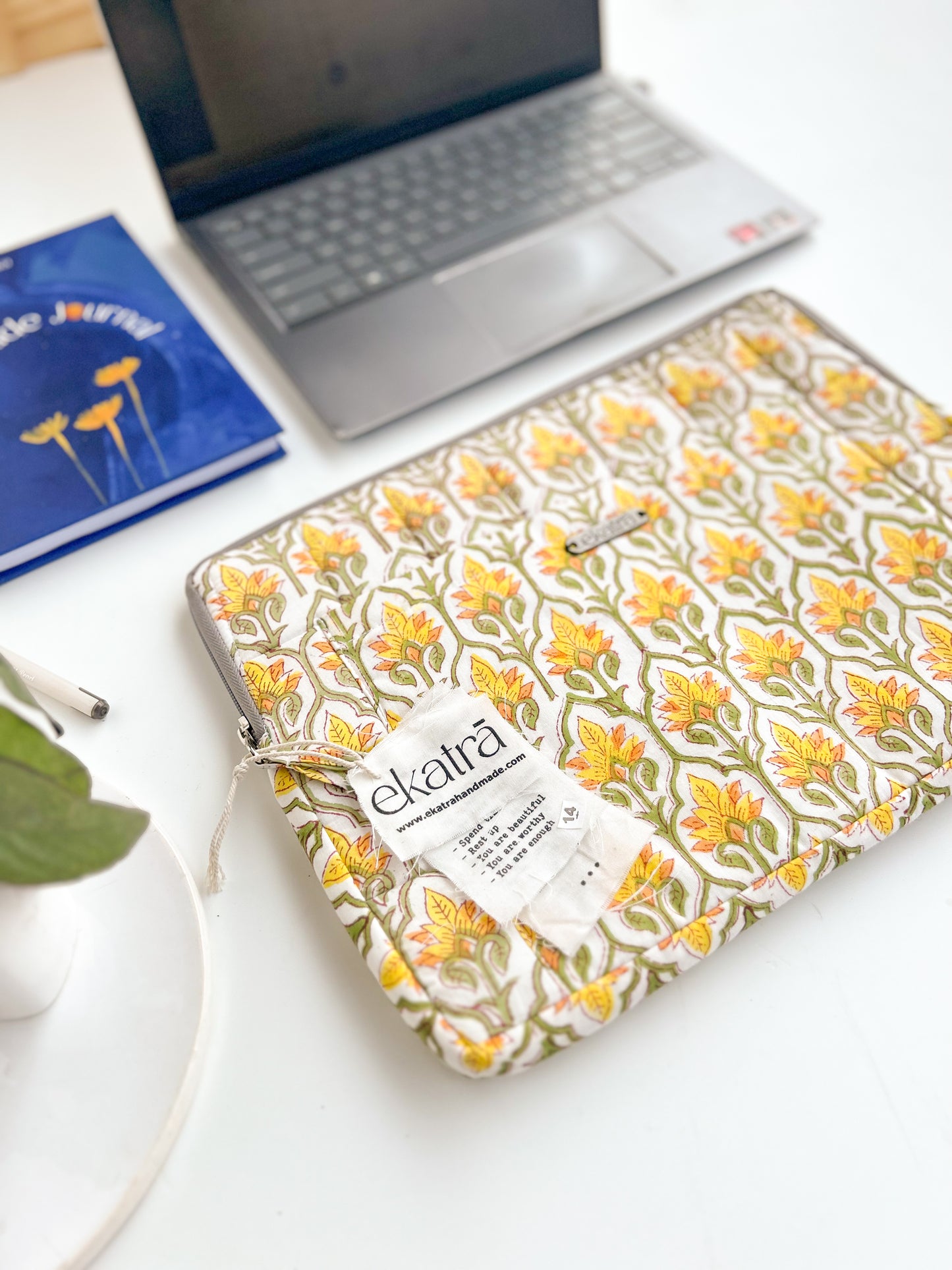 Sustainable Handmade Cotton Laptop Sleeve/Laptop Cover by Ekatra - Yellow motif