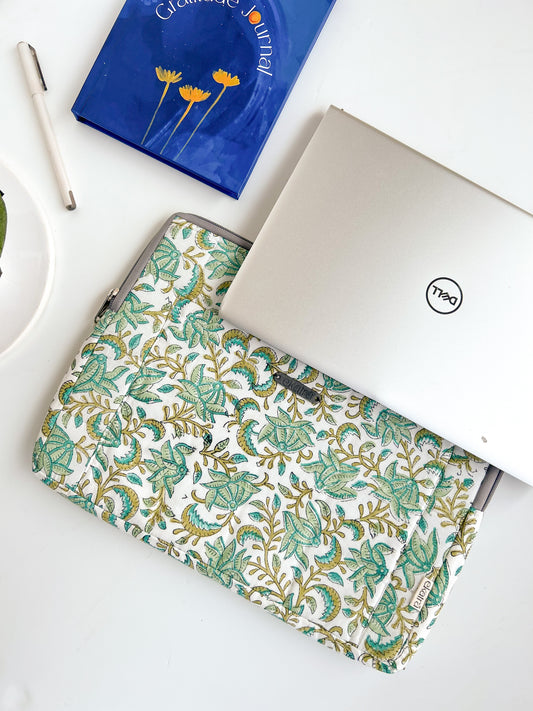 Sustainable Handmade Cotton Laptop Sleeve/Laptop Cover by Ekatra - Green Floral