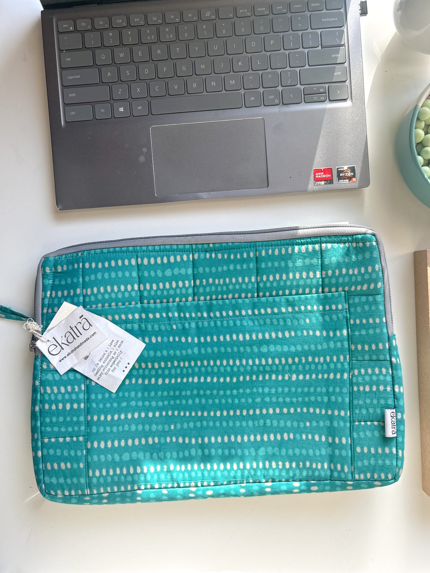 Sustainable Handmade Cotton Laptop Sleeve/Laptop Cover by Ekatra - Teal dots