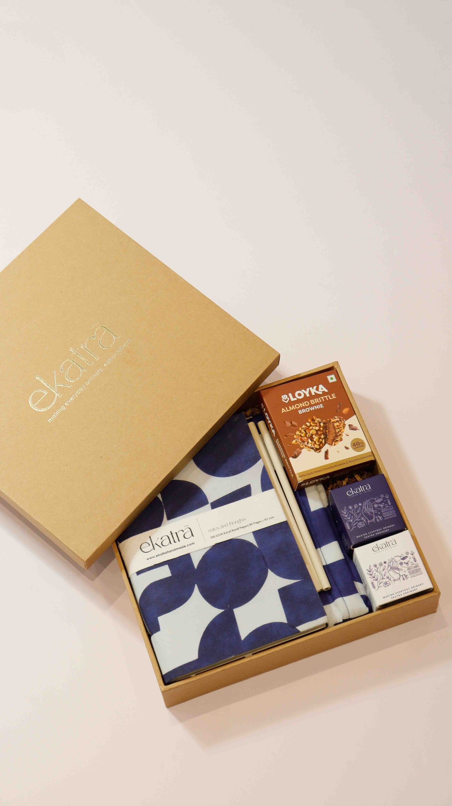 Elova gift set with a blue and white patterned box on a light background