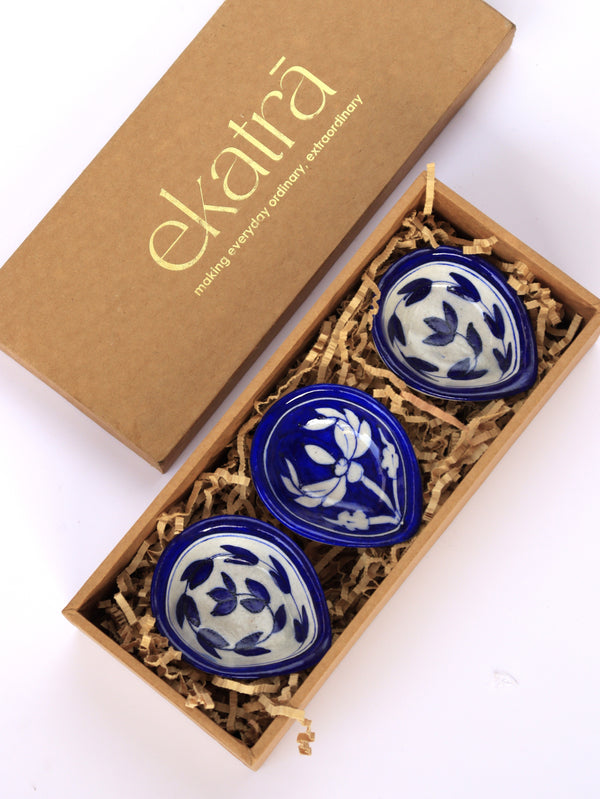 Artisanal Blue Pottery Diya Set