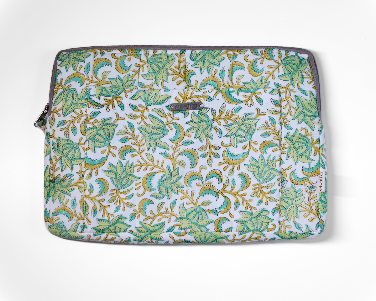 Sustainable Handmade Cotton Laptop Sleeve/Laptop Cover by Ekatra - Green Floral