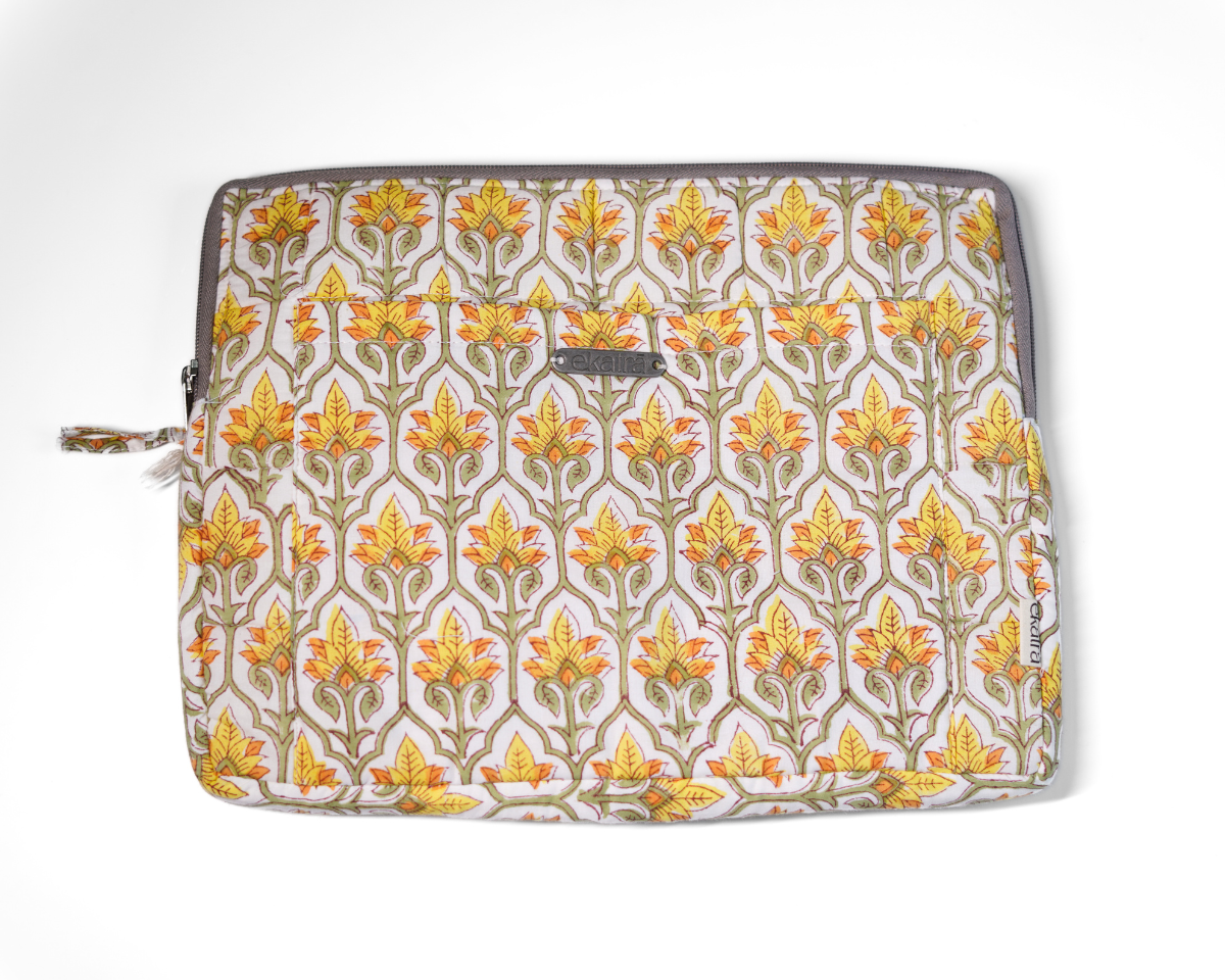 Sustainable Handmade Cotton Laptop Sleeve/Laptop Cover by Ekatra - Yellow motif