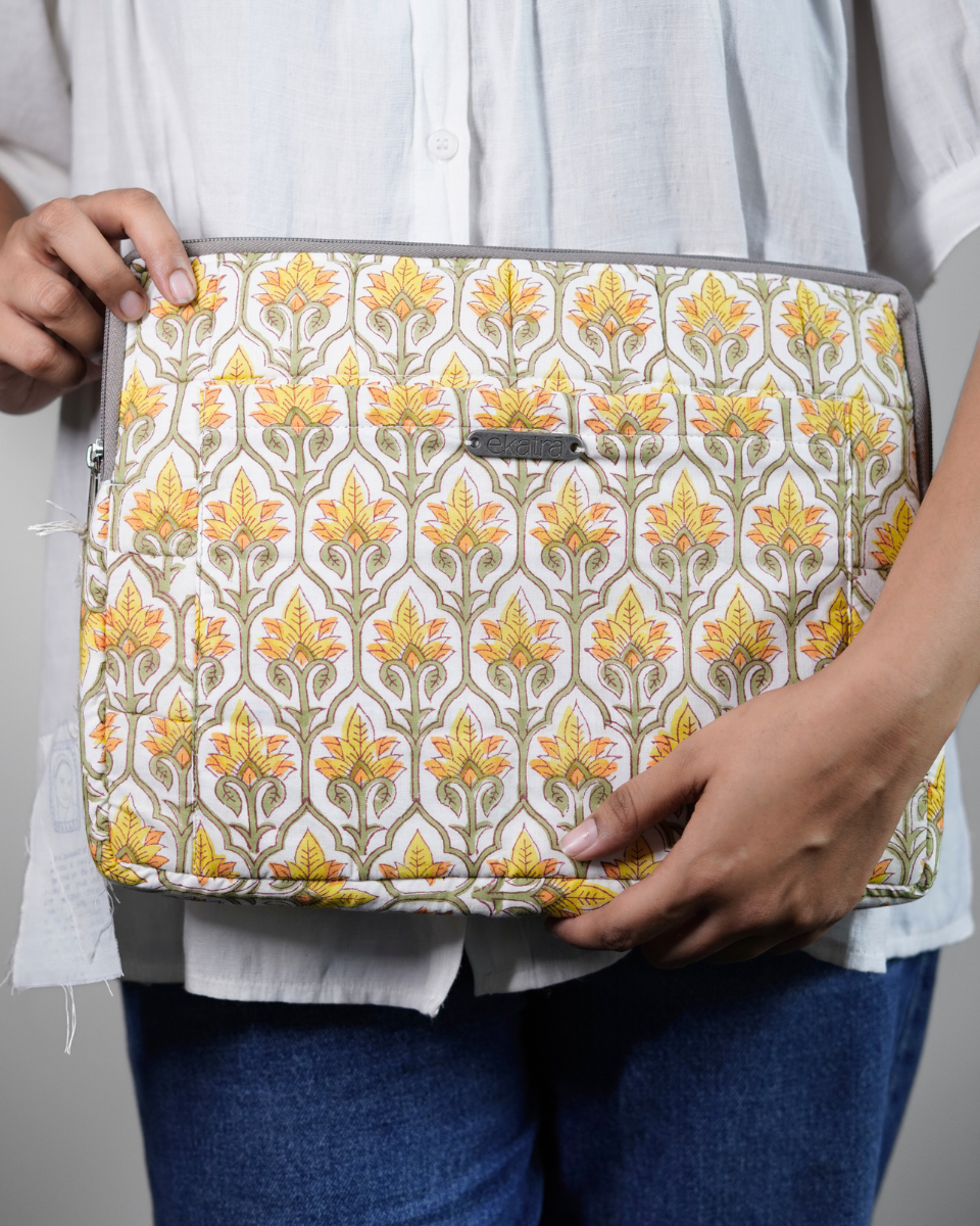 Sustainable Handmade Cotton Laptop Sleeve/Laptop Cover by Ekatra - Yellow motif