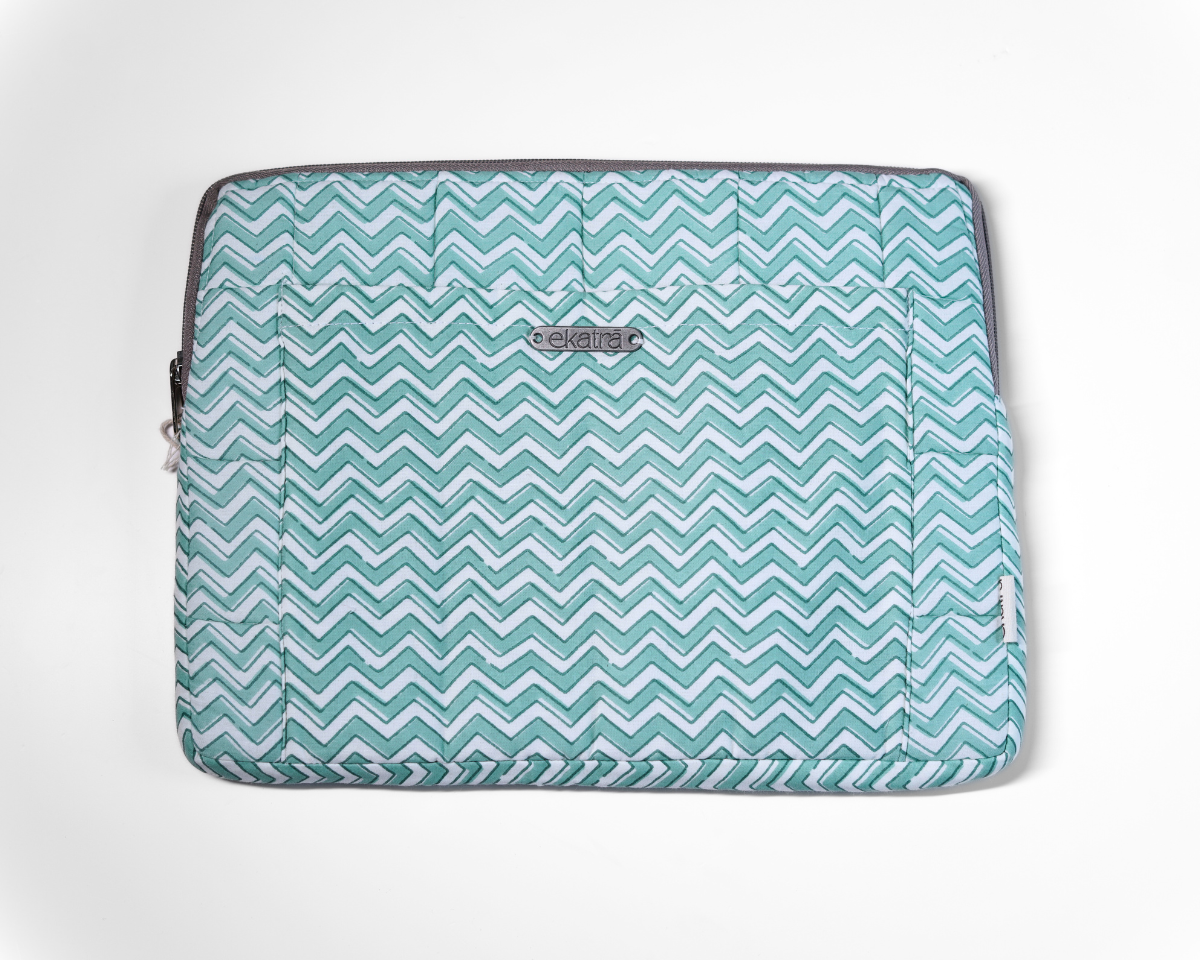 Sustainable Handmade Cotton Laptop Sleeve/Laptop Cover by Ekatra - Green chevron