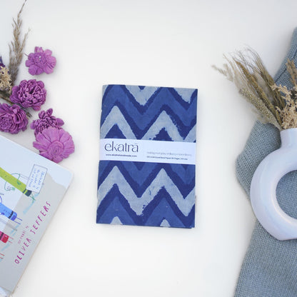 Handcrafted Sustainable A5 Unruled 100 GSM paper Journal by Ekatra Indigo Chevron