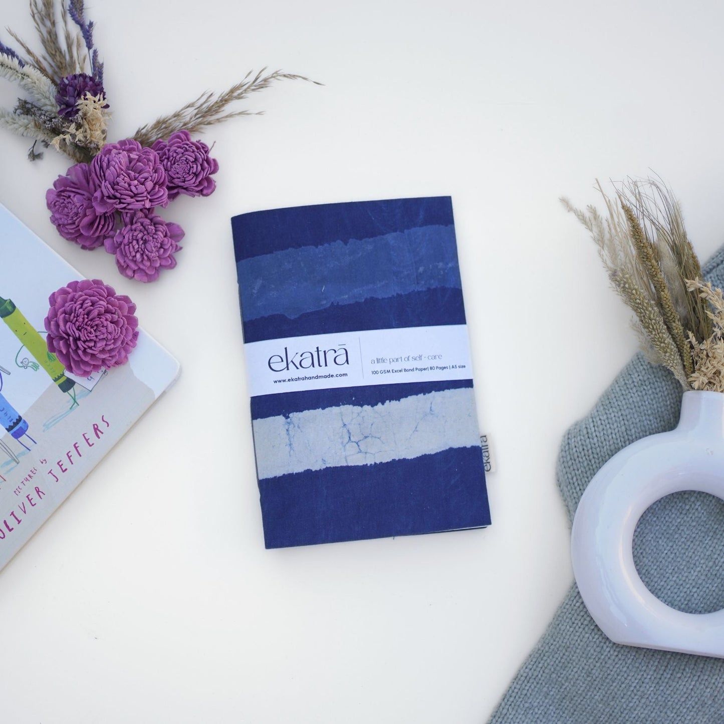 Handcrafted Sustainable A5 Unruled 100 GSM paper Journal by Ekatra Indigo Stripes