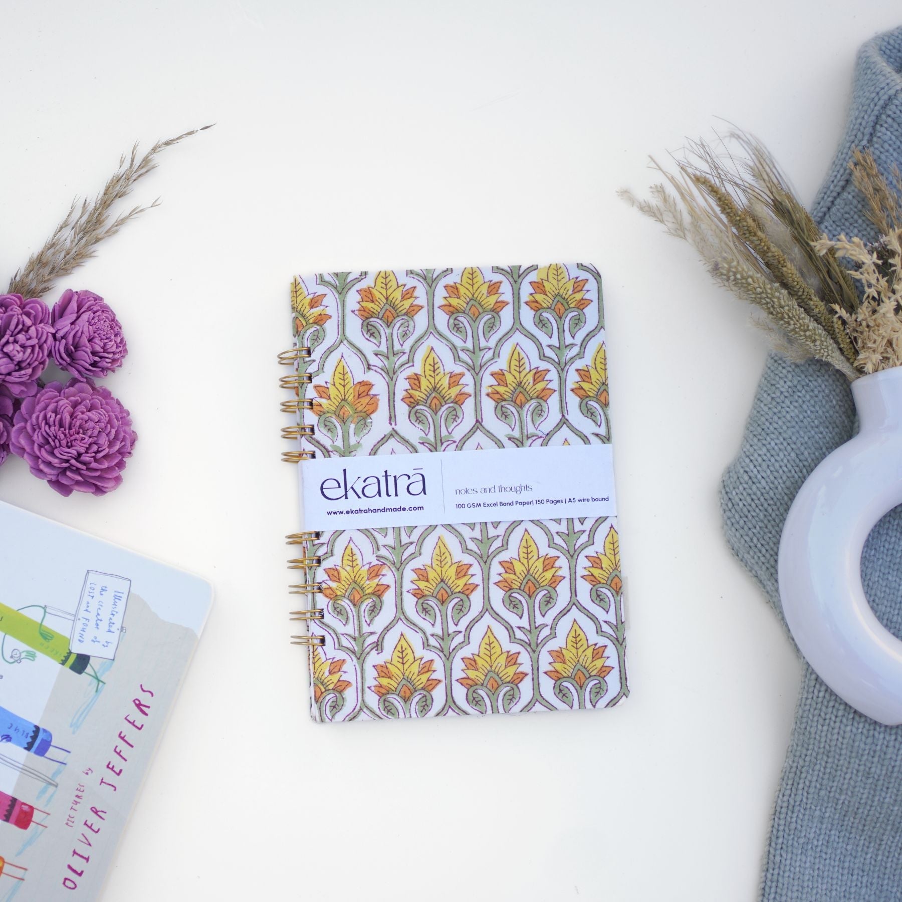 Handcrafted Sustainable A5 Wire Bound ruled 100 GSM paper Journal by Ekatra Yellow Floral