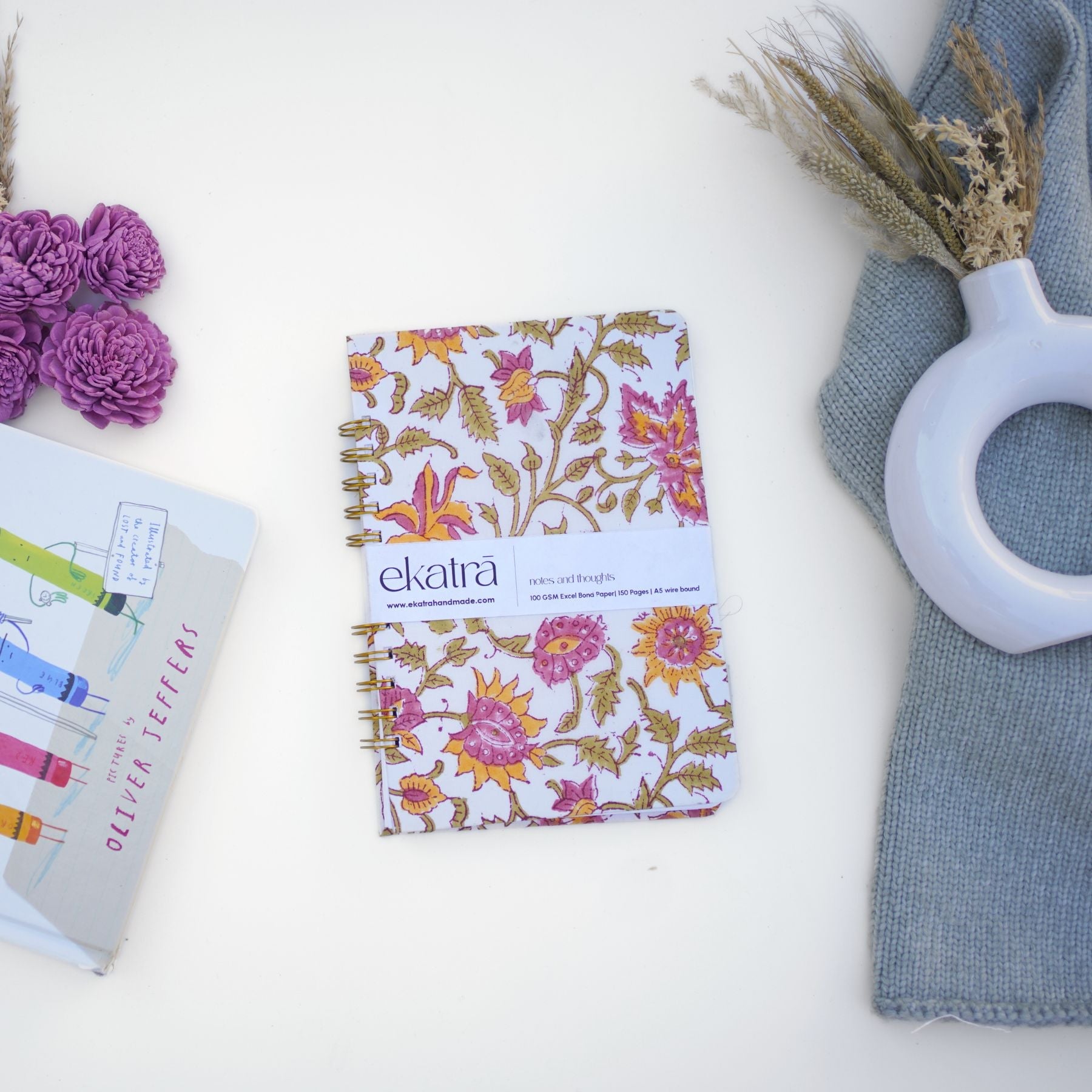 Handcrafted Sustainable A5 Wire Bound ruled 100 GSM paper Journal by Ekatra Pink Floral