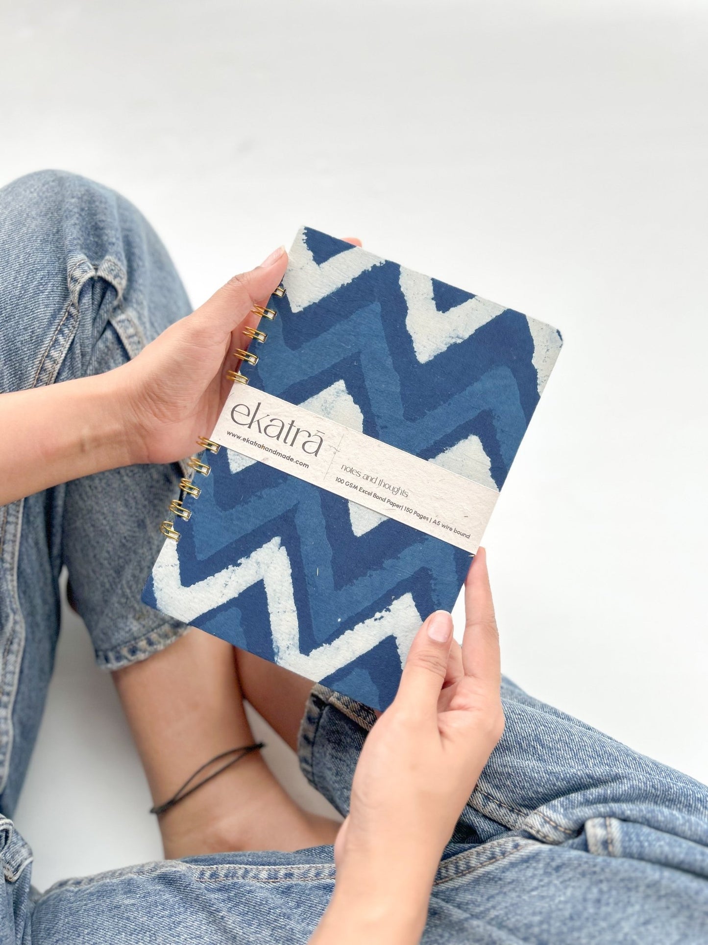 Handcrafted Sustainable A5 Wire Bound ruled 100 GSM paper Journal by Ekatra Indigo Chevron