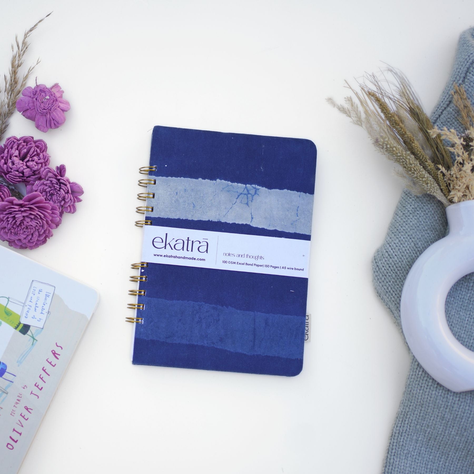 Handcrafted Sustainable A5 Wire Bound ruled 100 GSM paper Journal by Ekatra Indigo Stripes