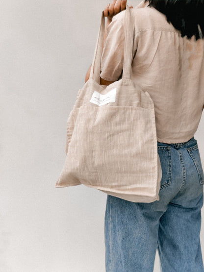 Premium Linen Tote Bags with pockets - Eco Friendly Beige