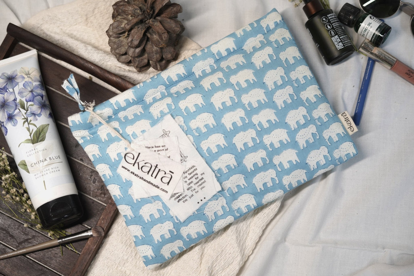 Sustainable Cotton Travel Pouch/Organizer by Ekatra Elephant Motif