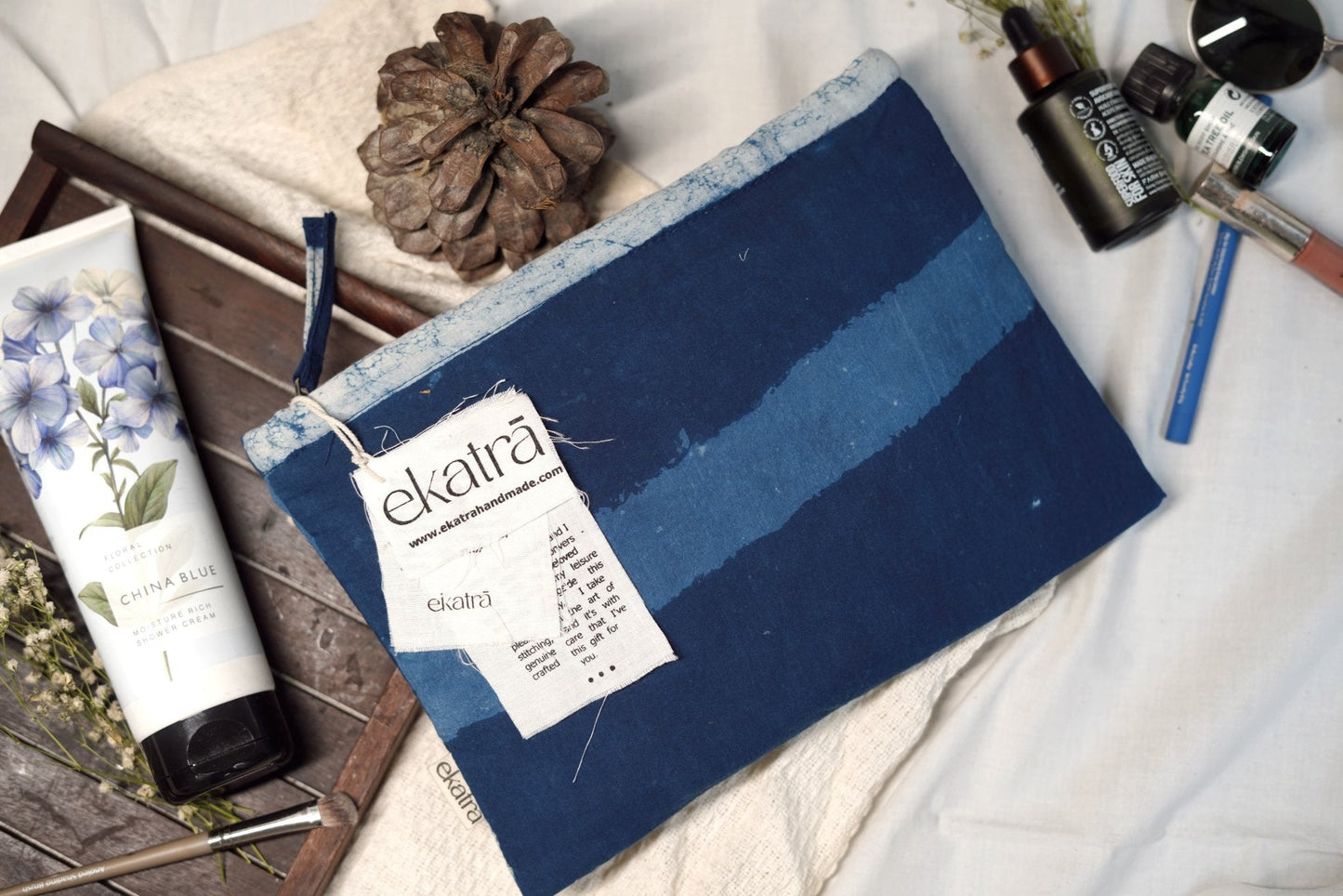 Sustainable Cotton Travel Pouch/Organizer by Ekatra Indigo Stripes