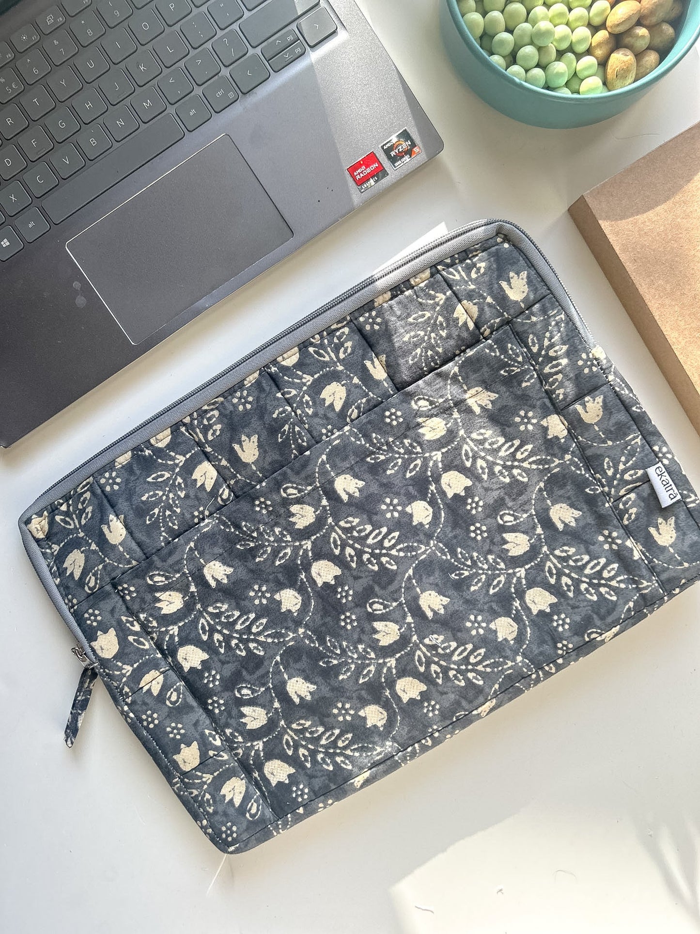 Sustainable Handmade Cotton Laptop Sleeve/Laptop Cover by Ekatra - Black Floral