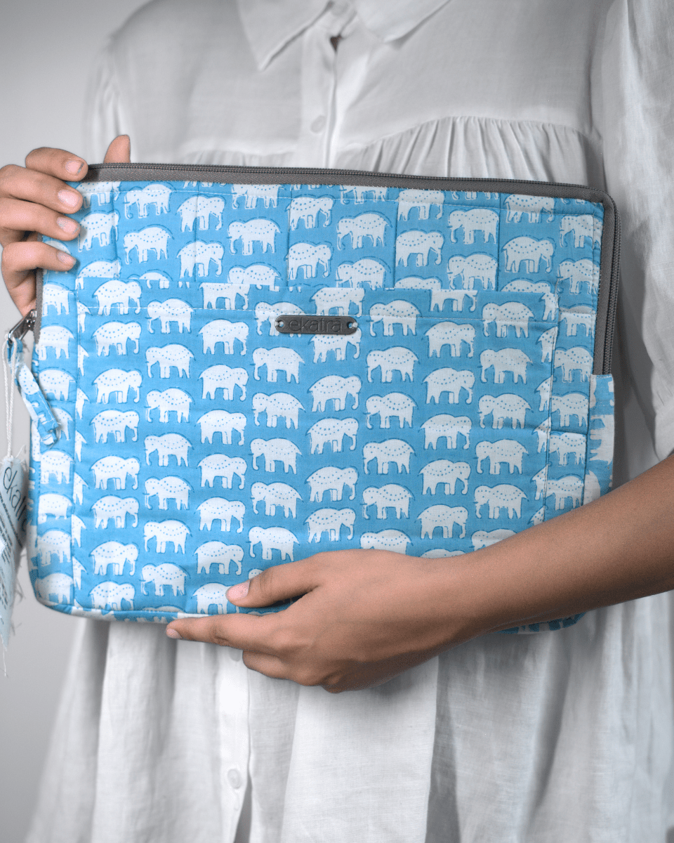 Sustainable Handmade Cotton Laptop Sleeve/Laptop Cover by Ekatra - Elephant Motif