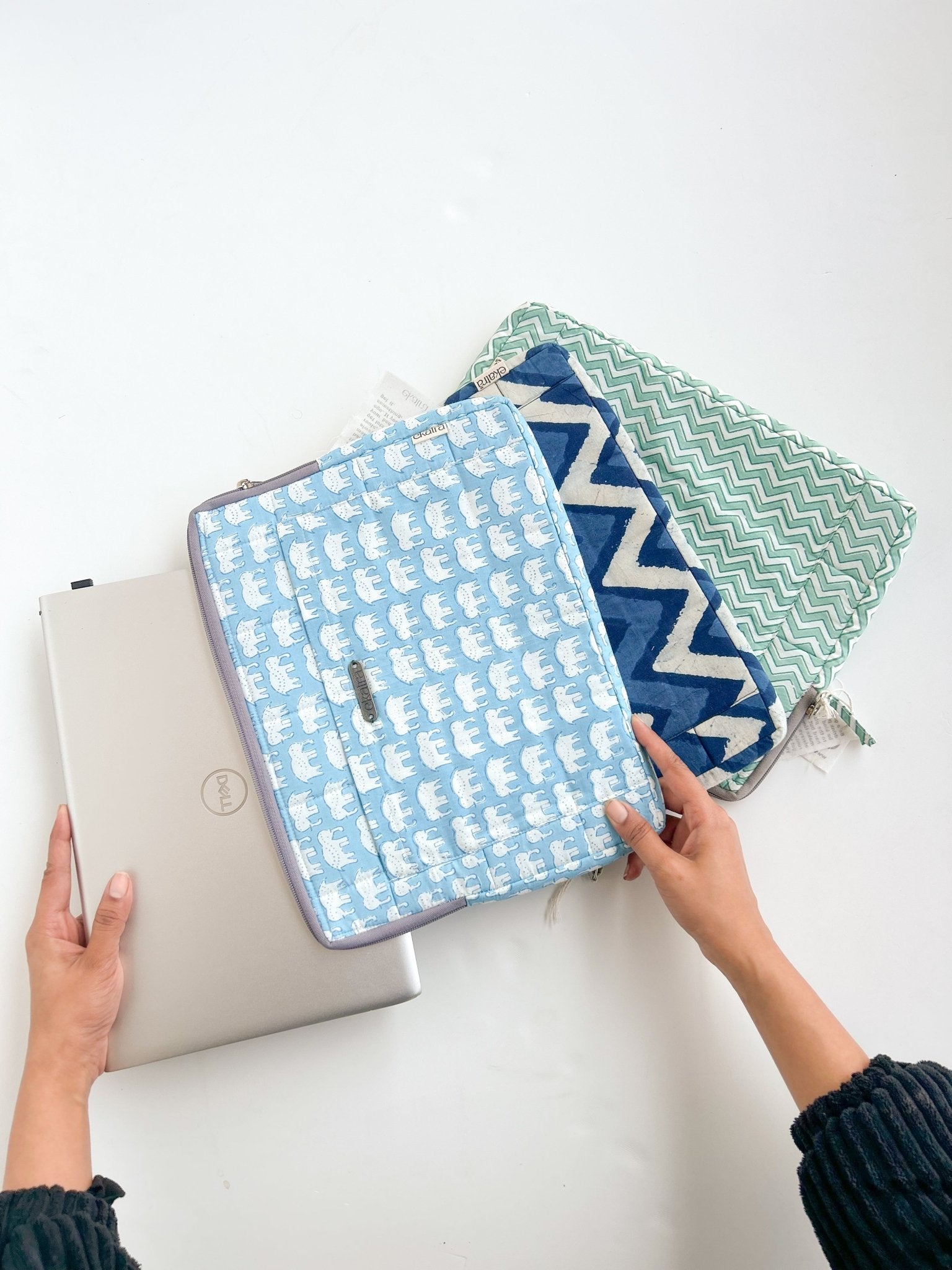 Sustainable Handmade Cotton Laptop Sleeve/Laptop Cover by Ekatra - Elephant Motif