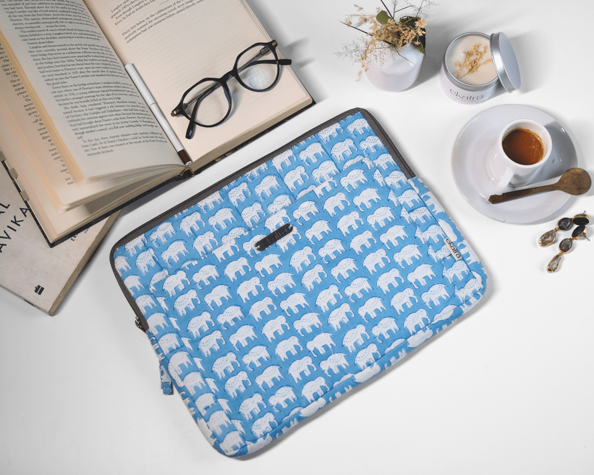 Sustainable Handmade Cotton Laptop Sleeve/Laptop Cover by Ekatra - Elephant Motif