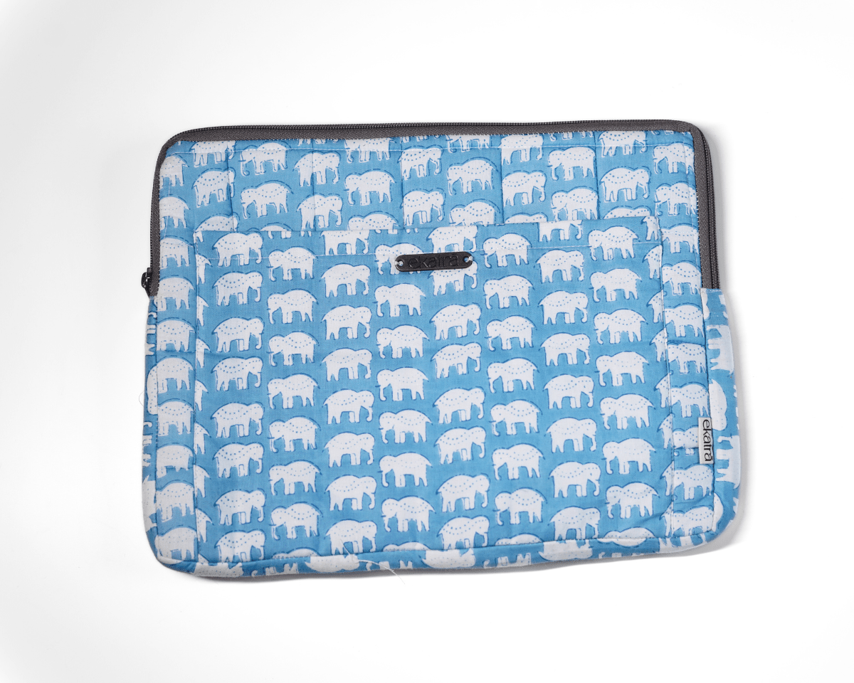 Sustainable Handmade Cotton Laptop Sleeve/Laptop Cover by Ekatra - Elephant Motif