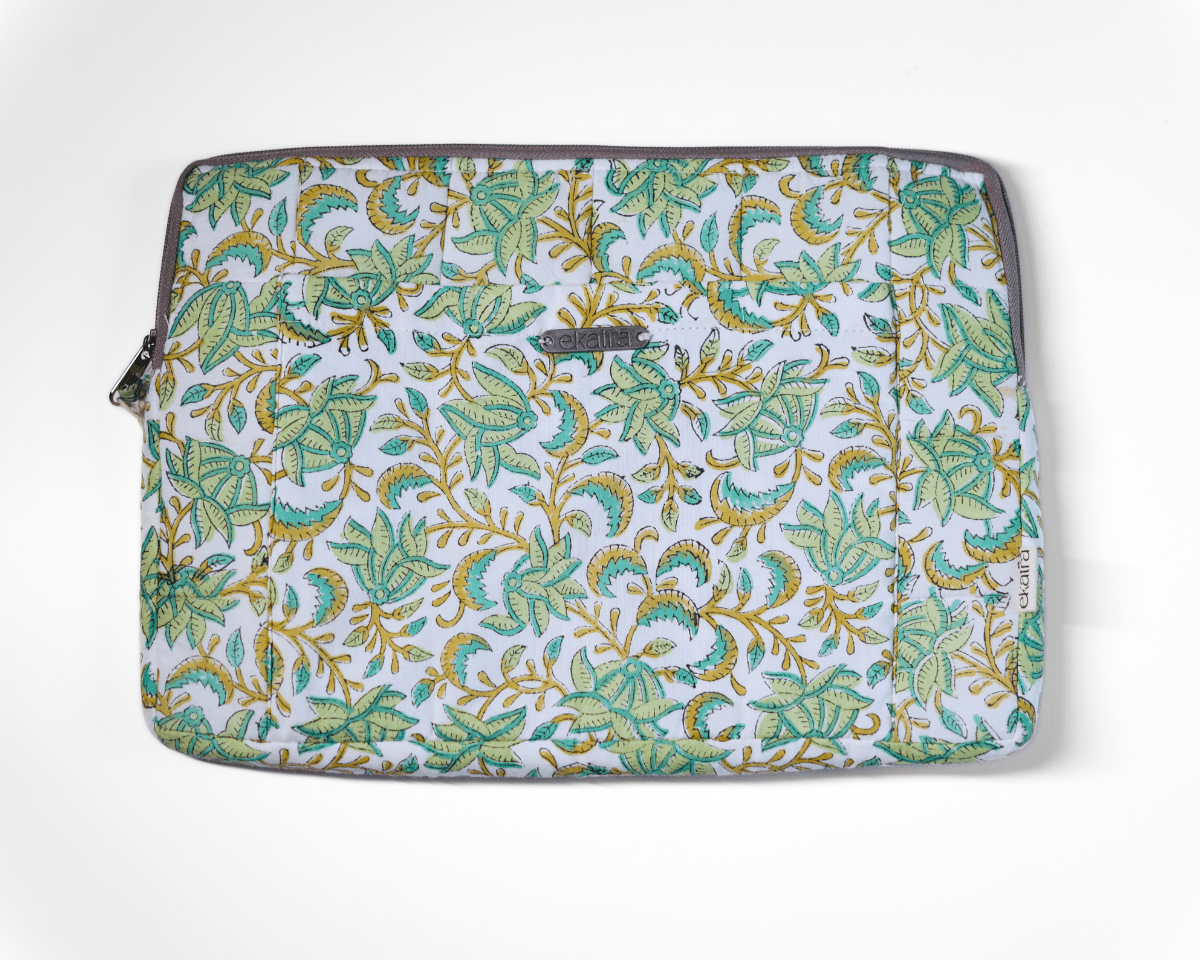 Sustainable Handmade Cotton Laptop Sleeve/Laptop Cover by Ekatra - Green Floral