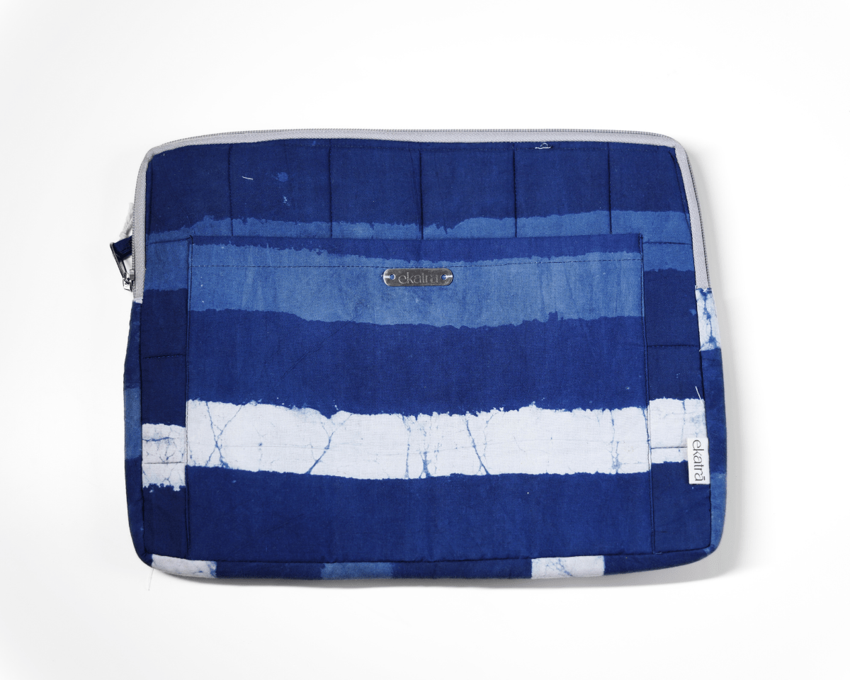 Sustainable Handmade Cotton Laptop Sleeve/Laptop Cover by Ekatra - Indigo stripes