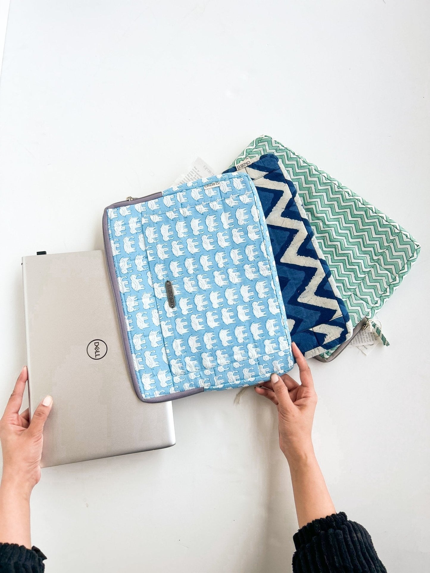 Sustainable Handmade Cotton Laptop Sleeve/Laptop Cover by Ekatra - Indigo stripes