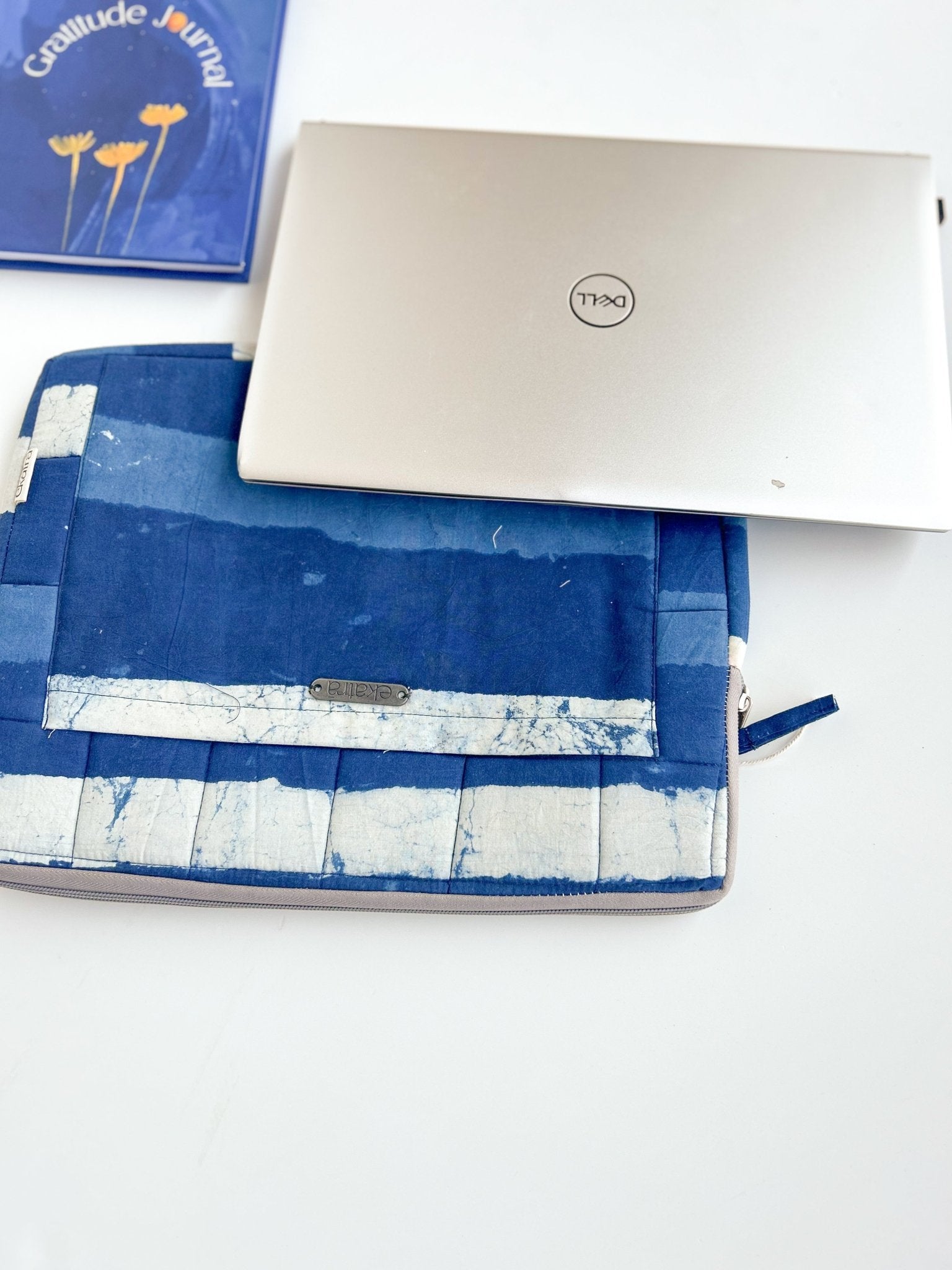 Sustainable Handmade Cotton Laptop Sleeve/Laptop Cover by Ekatra - Indigo stripes