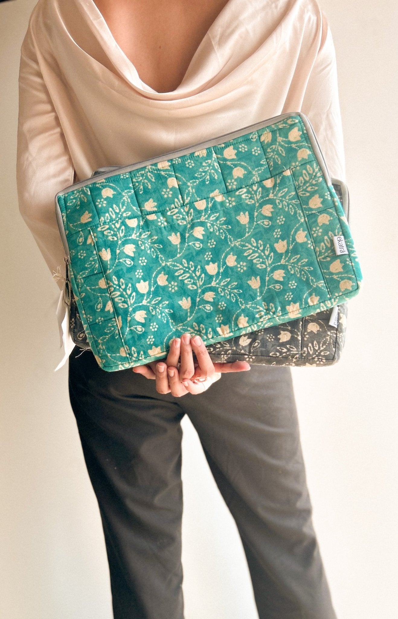 Sustainable Handmade Cotton Laptop Sleeve/Laptop Cover by Ekatra - Teal Floral