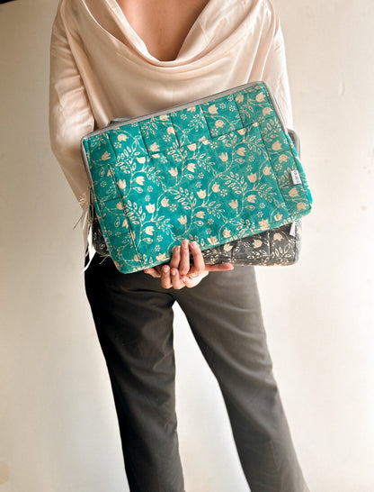 Sustainable Handmade Cotton Laptop Sleeve/Laptop Cover by Ekatra - Teal Floral 13 Inches