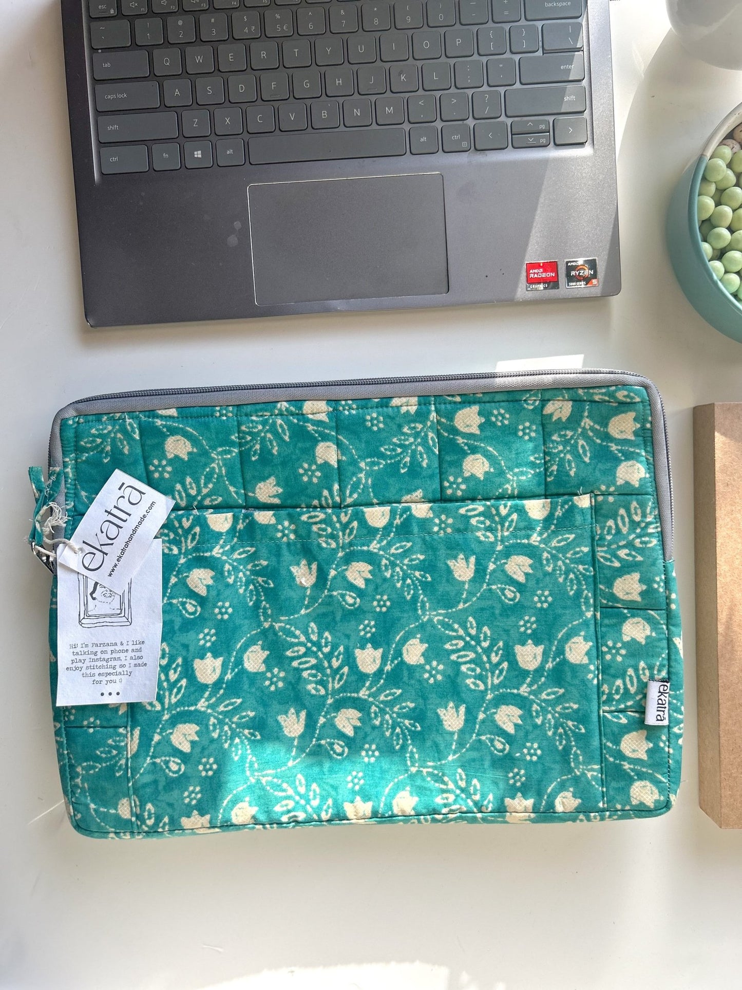 Sustainable Handmade Cotton Laptop Sleeve/Laptop Cover by Ekatra - Teal Floral