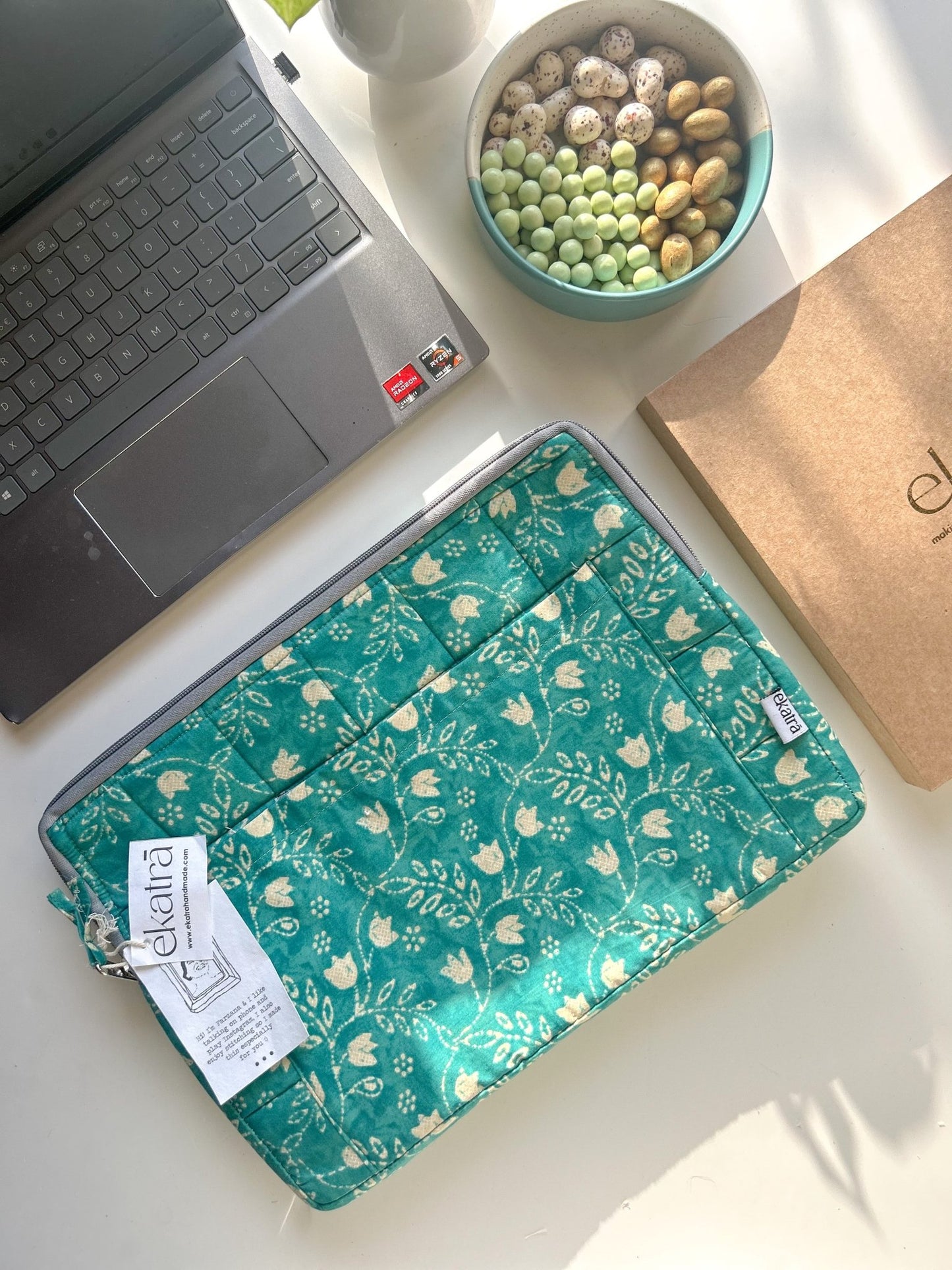 Sustainable Handmade Cotton Laptop Sleeve/Laptop Cover by Ekatra - Teal Floral