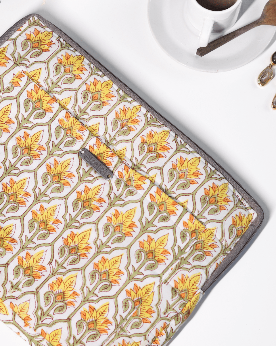 Sustainable Handmade Cotton Laptop Sleeve/Laptop Cover by Ekatra - Yellow motif