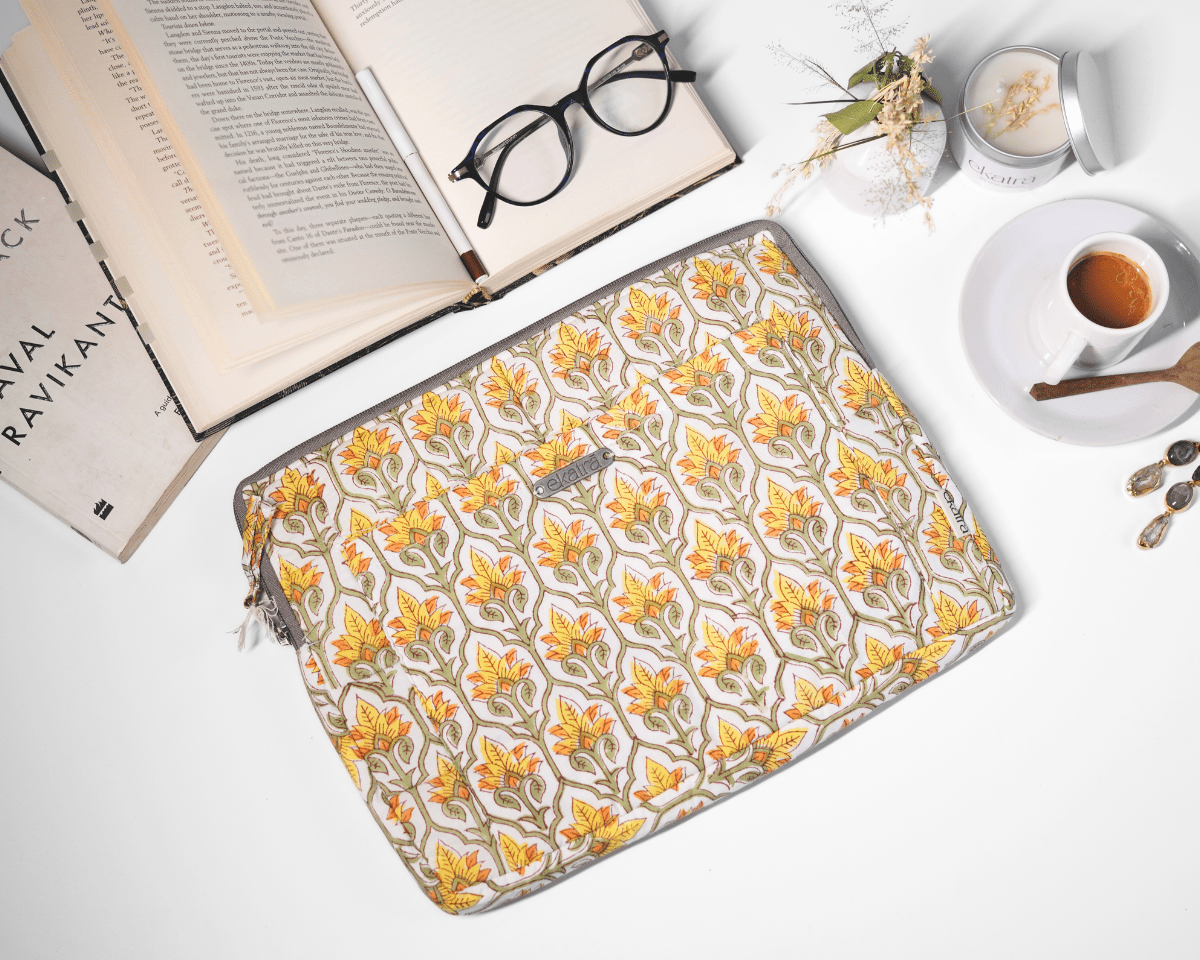 Sustainable Handmade Cotton Laptop Sleeve/Laptop Cover by Ekatra - Yellow motif