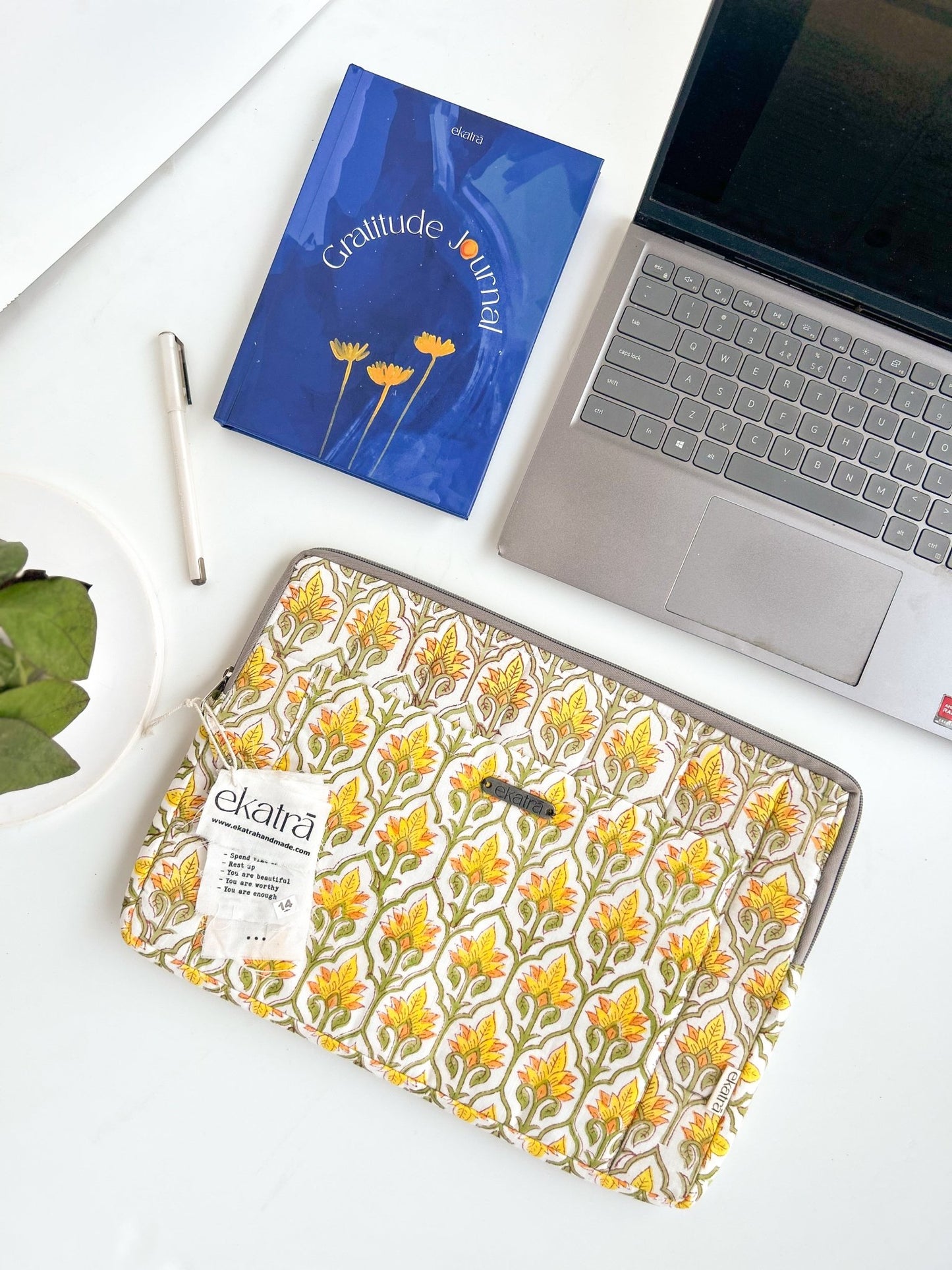 Sustainable Handmade Cotton Laptop Sleeve/Laptop Cover by Ekatra - Yellow motif